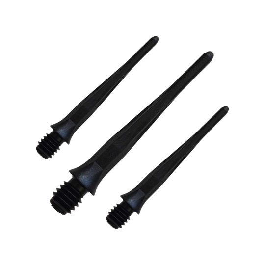 Zu sehen ist ein Set der Caliburn 2BA Softdartspitzen Schwarz im 50er Pack. Diese Spitzen bieten zuverlässigen Halt für Dartspieler.