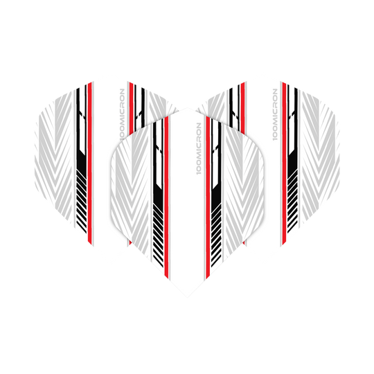 Pentathlon Flights white/black/red Das Bild zeigt die Pentathlon White Black Red No2 Standard Flights. Die Flights haben ein weißes Grunddesign mit schwarzen und roten Streifen sowie grafischen Mustern.
