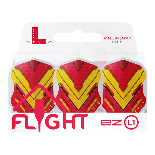 L-Style V-Series V1 Type A Spain Clear White L1EZ Flights Das Bild zeigt die L-Style V-Series V1 Type A Spain Clear White L1EZ Flights für Dartpfeile. Die Flights haben ein auffälliges rotes und gelbes Design und sind in einer transparenten Verpackung zu sehen.