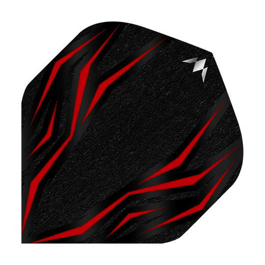 Mission Lava Red No2 Standard Flights Das Bild zeigt ein schwarzes Dartflight mit roten, flammenartigen Linien. In der oberen rechten Ecke befindet sich ein kleines, silbernes Logo.