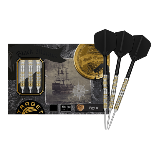 Target Japan Black Marque Reyn GEN2 steel darts Das Bild zeigt die "Target Japan Black Marque Reyn GEN2 Steeldarts" mit ihrer Verpackung. Drei fertige Darts mit schwarzen Flights sind neben der stilvollen Box abgebildet.