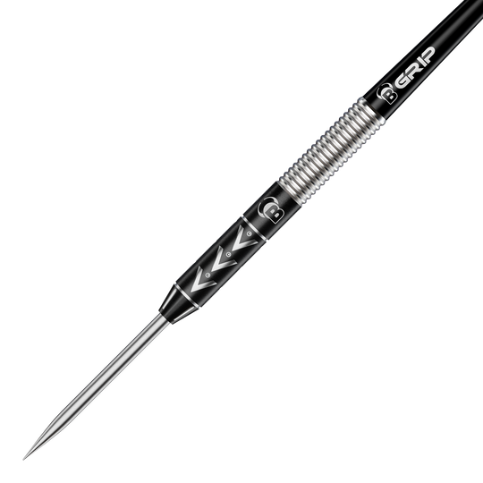 Das Bild zeigt einen Bulls Challenger Arno Merk Steeldart mit einem Gewicht von 22g. Der Dartpfeil hat ein silber-schwarzes Design mit markanten Rillen und einem spitzen Metallende.