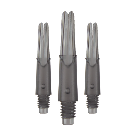 L-L-Style-Shafts Locked Straight - Clear Black Auf dem Bild sind drei transparente, schwarze Dart-Schäfte zu sehen. Sie stehen aufrecht nebeneinander und haben ein Gewinde am unteren Ende.