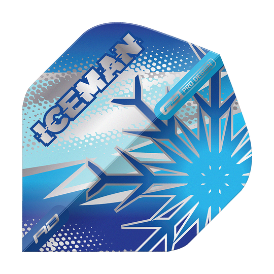 Red Dragon Gerwyn Price Blue Flake No2 Standard Flights Das Bild zeigt ein Dart-Flight mit frostigem, blauem Design und einer großen Schneeflocke. Auf dem Flight steht das Wort "ICEMAN" in auffälligen Lettern.