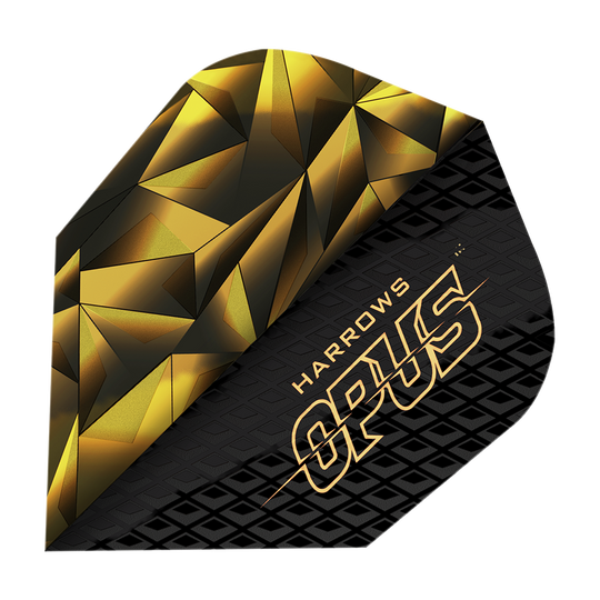 Harrow's Opus Version 1 Flights Dies ist ein Bild des Produkts "Harrows Opus Version 1 Flights". Das Flight-Design ist schwarz-golden mit geometrischen Mustern und dem Schriftzug "HARROWS OPUS".