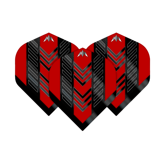 Mission Solo Rogue No2 Standard Flights Das Bild zeigt die Mission Solo Rogue No2 Standard Flights in einem auffälligen Design. Die Flights sind überwiegend rot mit schwarzen und silbernen Pfeilmustern.