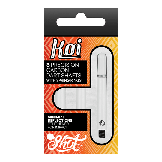 Shot Koi Carbon Shafts - White Die Verpackung zeigt drei präzise Carbon-Dartschäfte mit Sprengringen der Marke Koi. Sie sind darauf ausgelegt, Ablenkungen zu minimieren und sind für hohe Schlagfestigkeit verstärkt.