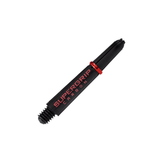 HR357_Harrows_Supergrip_Carbon_Shafts_Rot_33mm_2 Das Bild zeigt einen Harrows Supergrip Carbon Shafts in Rot. Der Schaft ist schwarz mit roter Schrift und einem roten Ring.
