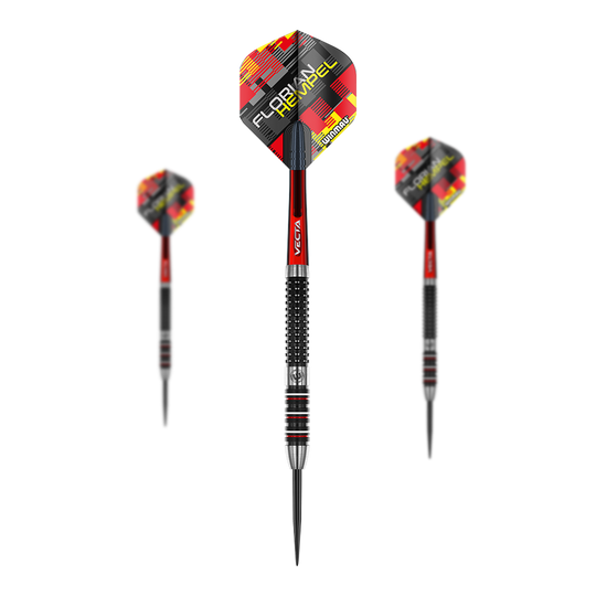 Winmau Florian Hempel steel darts Auf dem Bild sind drei Steeldarts mit schwarzer, roter und silberner Farbgebung zu sehen. Auf den Flights steht der Name "Florian Hempel" sowie das Logo von Winmau.