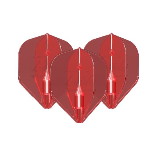 L-Style Fantom L1EZ Flights Red Das Bild zeigt drei rote Dart-Flights des Modells "L-Style Fantom L1EZ". Sie sind aus durchsichtigem Material gefertigt und haben eine klassische Form.