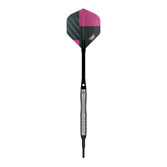 Das Produkt zeigt Bulls NL Volt Pink Softdarts - 19g. Verschiedene Ansichten der Darts werden gezeigt.