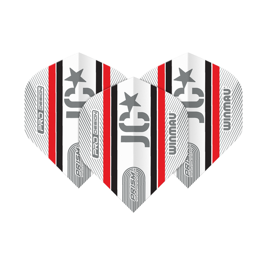 Das Bild zeigt drei Winmau Alpha Joe Cullen 85 Standard Flights für Darts. Sie sind überwiegend weiß mit schwarzen und roten Streifen sowie silbernen Aufdrucken.
