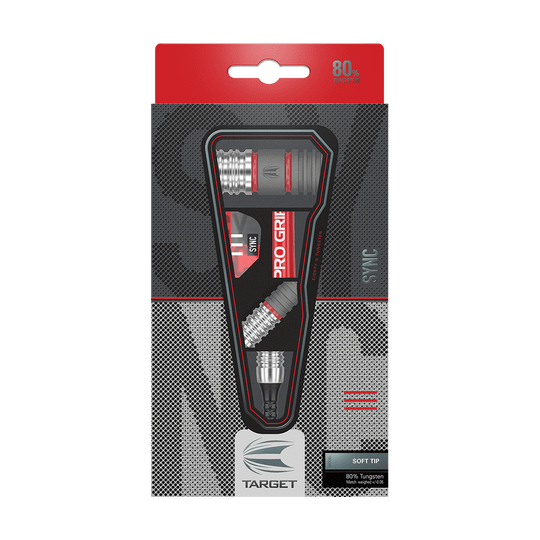 210302_Targer_Sync_11_Softdarts_3 Auf dem Bild ist eine Verpackung mit Softdarts der Marke Target zu sehen. Die Darts bestehen zu 80 % aus Tungsten und haben die Bezeichnung "SYNC".