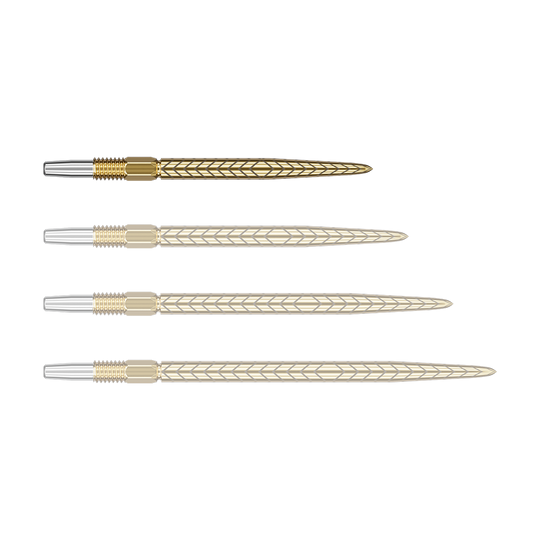 Auf dem Bild sind vier goldfarbene Dartspitzen mit silbernem Gewinde zu sehen. Sie liegen nebeneinander und haben ein feines Muster auf der Oberfläche.