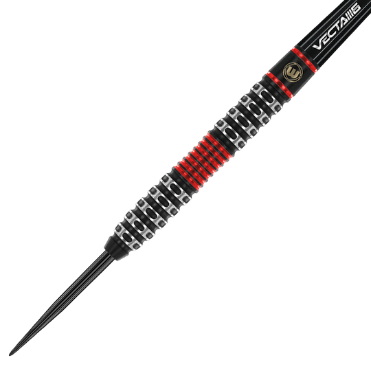 1470_Winmau_Joe_Cullen_Special_Edition_Steeldarts_2 Dies ist ein spezieller Steeldart aus der Joe Cullen Special Edition von Winmau. Der Dart hat ein auffälliges Design mit schwarzen, silbernen und roten Akzenten am Griff.