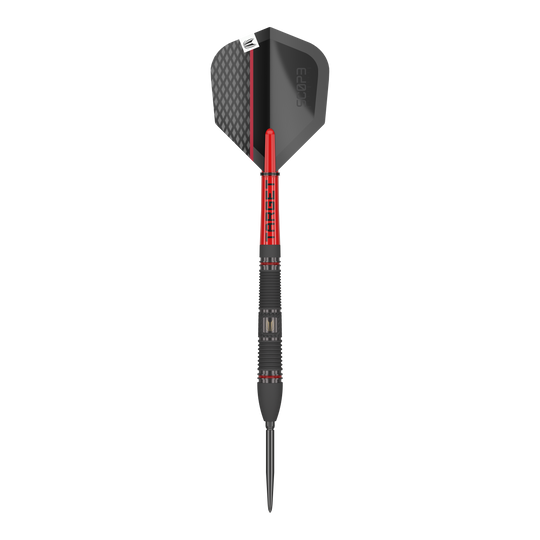 Target Scope 02 Swiss Point steel darts Das Bild zeigt einen Target Scope 02 Swiss Point Steeldart. Der Dart ist schwarz und rot gestaltet und hat eine strukturierte Spitze sowie ein modernes Flight-Design.