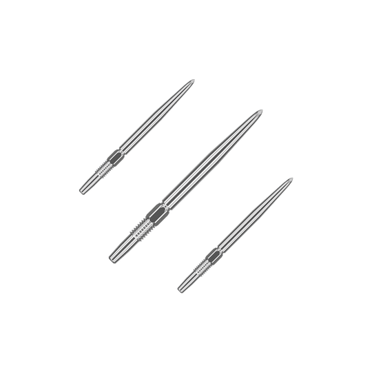 Target Swiss Point Silver dart tips Das Bild zeigt drei silberne Dartspitzen, die nebeneinander liegen. Sie sind lang und schmal mit gerillten Griffbereichen.