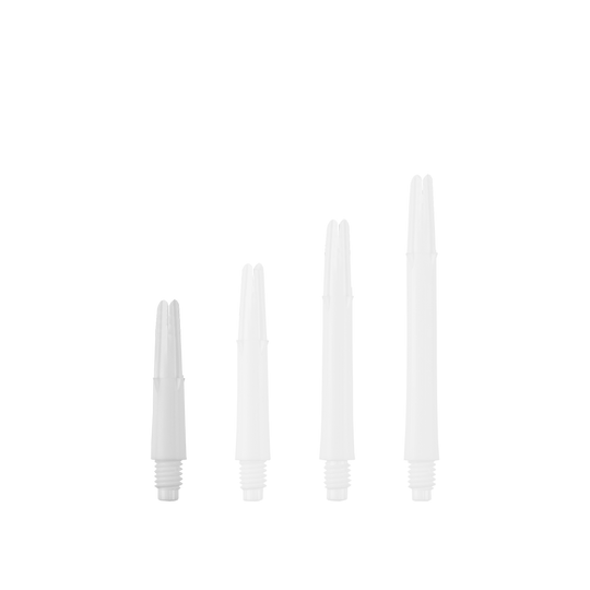 L-L-Style-Shafts Locked Straight - White Auf dem Bild sind vier weiße, gerade Dartschäfte in unterschiedlichen Längen zu sehen. Sie stehen nebeneinander aufrecht vor einem einfarbigen Hintergrund.