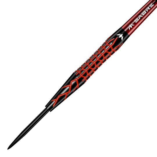 Mission Lava Steeldarts Das Bild zeigt einen Mission Lava Steeldart. Der Dart hat ein auffälliges schwarzes und rotes Design mit einem rautenförmigen Muster auf dem Griff.