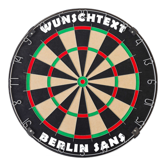 Dartboard mit Wunschtext Das Bild zeigt ein Dartboard mit silbernem Ring und BerlinSans-Schrift. Die Datei heißt 'MCDB_Dartboard_mit_Wunschtext_TraditionellerRingSilber_1_BerlinSans'.