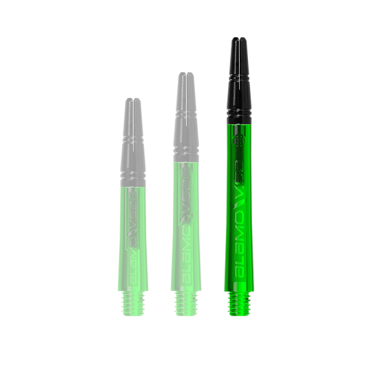 Harrows Alamo VS2 Shafts - Green Einer der Dart-Schäfte wird auf schlichter Oberfläche separat gezeigt. Der Schaft ist gleichmäßig geformt.