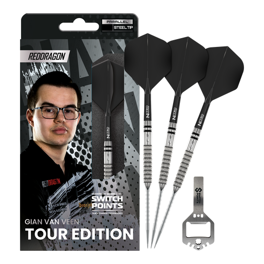 Abgebildet sind die Red Dragon Gian Van Veen Tour Edition Switch Point Steeldarts - 21g in voller Länge. Die Steeldarts zeichnen sich durch ihre hochwertige Verarbeitung aus.
