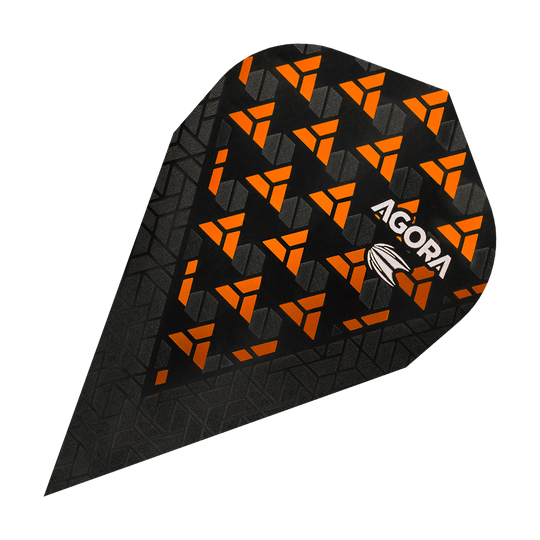 TG73_332670_Target_Agora_Ghost_Orange_Vapor_Flights_1ccLVS0L2XKB7y Das Bild zeigt einen Target Agora Ghost Orange Vapor Flight für Darts. Das Flight ist schwarz mit auffälligen orangefarbenen Mustern und dem Aufdruck „AGORA“.