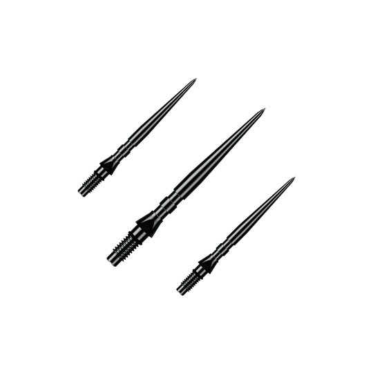 Auf dem Bild ist ein Set aus schwarzen Winmau Switch Point Groove Steeldartspitzen mit 26 mm Länge zu sehen. Diese Ersatzspitzen sind speziell für Steeldarts gedacht.