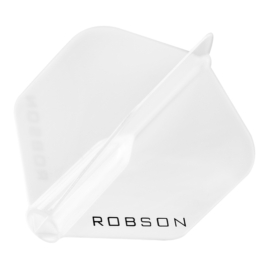 Das Bild zeigt einen transparenten Dartflight mit der Aufschrift "ROBSON". Der Flight hat eine standardmäßige, sechseckige Form.