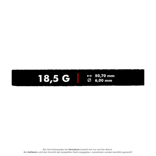 McDart 85 Tungsten V24 Softdarts - 18.5g Das Bild zeigt die Produktspezifikationen der McDart 85er Tungsten V24 Softdarts mit einem Gewicht von 18,5 g. Die Darts sind 50,70 mm lang und haben einen Durchmesser von 6,00 mm.