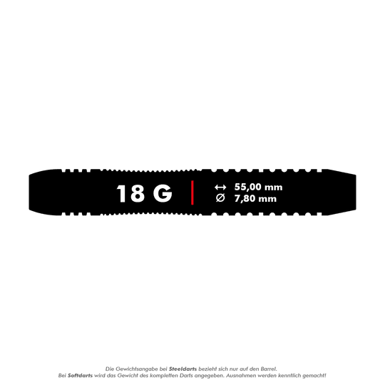 Target Rob Cross Brass Soft Darts - 18g Das Bild zeigt die technischen Daten des Produkts "Target Rob Cross Brass Softdarts - 18g". Der Dart wiegt 18 Gramm, ist 55,00 mm lang und hat einen Durchmesser von 7,80 mm.