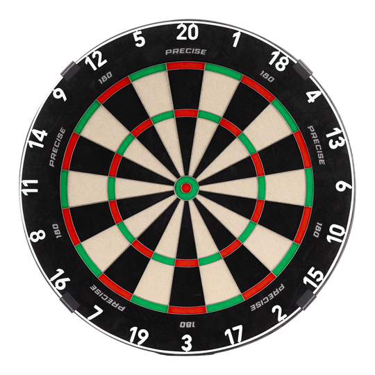 Precise 180 Endorphine Steel Dartboard with Numbered Ring - Classic White Abgebildet ist das Precise 180 Endorphine Steeldartboard mit einem weißen Nummernring. Das Produkt ist speziell für Präzisionswürfe entworfen.