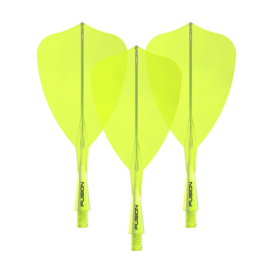 Das Winmau Fusion Flight Shaft System Arrow Neon Yellow 22mm Set ist auf dem Bild zu sehen. Es besteht aus gelben Dart-Flights und -Schäften.
