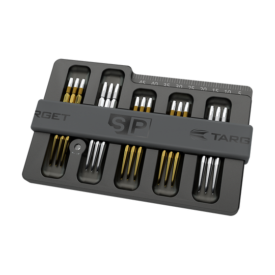 119648_Target_Swiss_Point_Safe_1 Das Bild zeigt das Produkt "Target Swiss Point Safe", einen Aufbewahrungsbehälter für Dartspitzen. In dem Behälter sind mehrere silberne und goldene Dartspitzen ordentlich einsortiert.