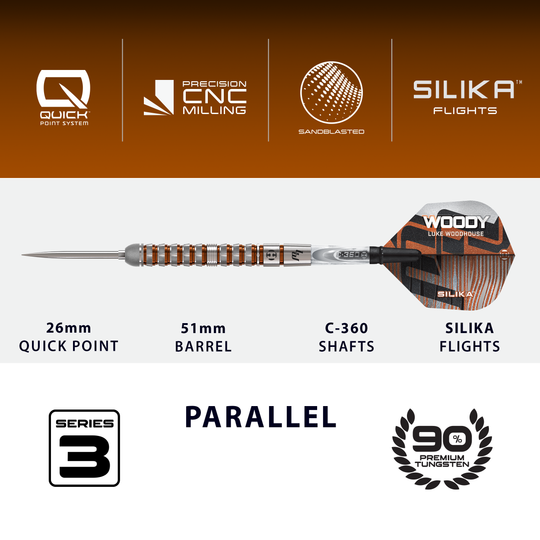 Harrow's Luke Woodhouse Series 3 Quick Point Steel Darts Harrows Luke Woodhouse Series 3 Quick Point Steeldarts wird dargestellt. Das Produktbild zeigt Steeldarts aus der dritten Serie.