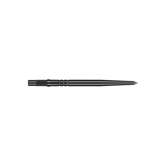 Shot Turbo Point Dart Tips - Black Ein Paar schwarze Turbo-Dartspitzen mit glatter Oberfläche ist abgebildet. Die Spitzen sind gerade und fein gearbeitet.