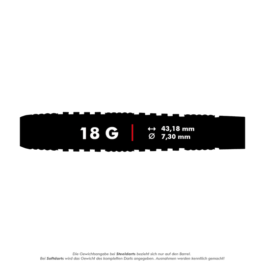 RD2563_Red_Dragon_Luke_Humphries_TX2_Atomised_Softdarts_5_18g Das Bild zeigt die Maße und das Gewicht des Produkts "Red Dragon Luke Humphries TX2 Atomised Softdarts - 18g". Der Dart wiegt 18 Gramm, ist 43,18 mm lang und hat einen Durchmesser von 7,30 mm.