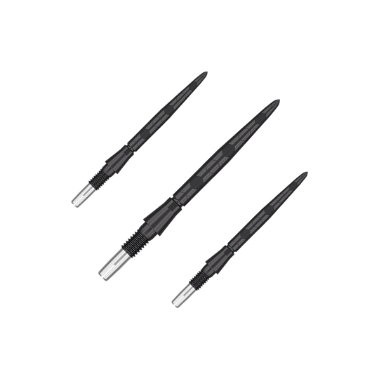 Target Swiss Storm Onyx Point Dart Tips - Black Auf dem Bild sind drei schwarze Dartspitzen mit silbernen Enden zu sehen. Sie sind in einem Set angeordnet und haben eine strukturierte Oberfläche.