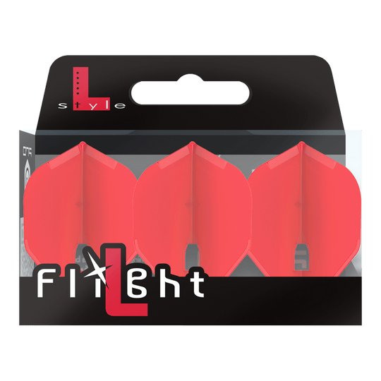 L-Style Flights Champagne - L1PRO Standard Auf dem Bild ist eine Verpackung mit drei roten Dartflights zu sehen. Die Marke „L-Style“ und der Schriftzug „Flight“ stehen auf der Vorderseite der Packung.