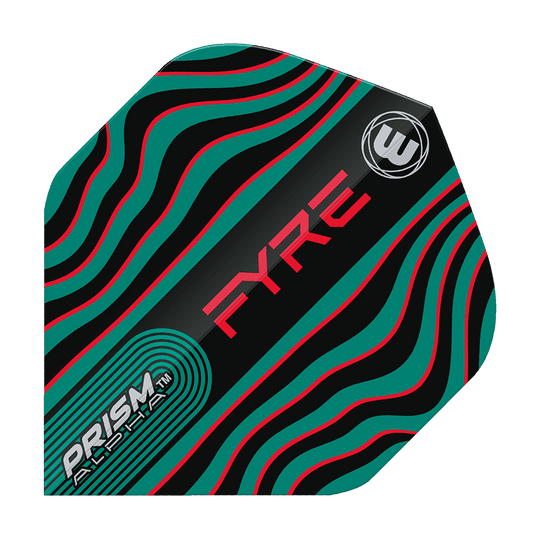 6915-708_Winmau_Prism_Alpha_Fyre_BlackTurquoiseRed_Standard_Flights_1YzIRDvWHWB5rj Dieses Bild zeigt das Produkt "Winmau Prism Alpha Fyre BlackTurquoiseRed Standard Flights". Das Flight-Design ist schwarz mit wellenförmigen türkisfarbenen und roten Linien sowie auffälligen Schriftzügen.
