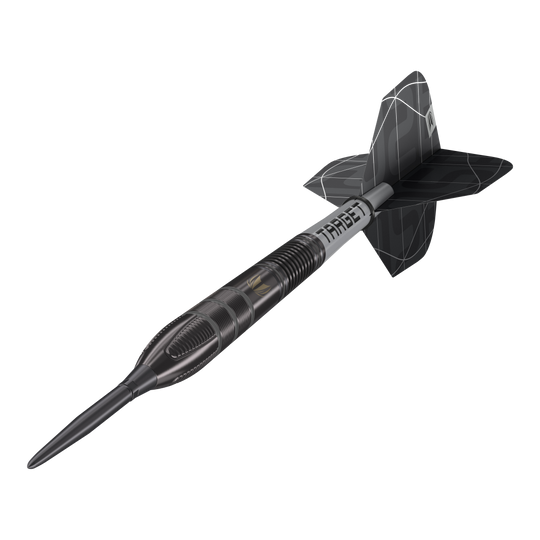 Target Nathan Aspinall X Echo Swiss Point steel darts Das Bild zeigt einen Target Nathan Aspinall X Echo Swiss Point Steeldart. Der Dartpfeil ist schwarz-silbern und hat ein modernes, auffälliges Design.