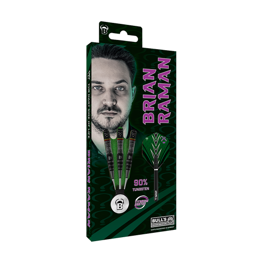 Auf der Verpackung sind drei Steeldarts und das Porträt eines Mannes abgebildet. Der Name "Brian Raman" steht in großen Buchstaben daneben, und es wird 90% Tungsten hervorgehoben.