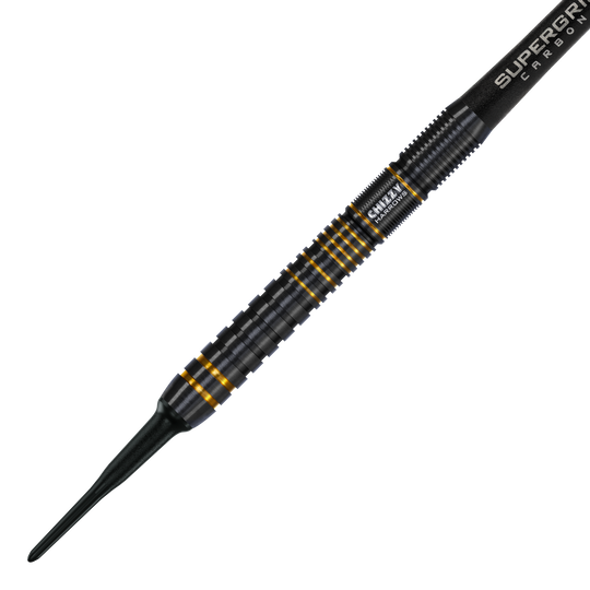Das Bild zeigt einen Harrows Dave Chisnall Chizzy Series 3 Softdart. Der Dartpfeil ist schwarz mit goldenen Akzenten und hat ein geriffeltes Griffdesign.