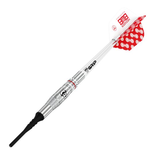 Bulls Niko Springer soft darts - 22g Das Bild zeigt einen Bulls Niko Springer Softdart mit einem Gewicht von 22g. Der Dart hat einen silbernen Schaft, schwarze Spitze und weiße Flights mit rotem Muster.