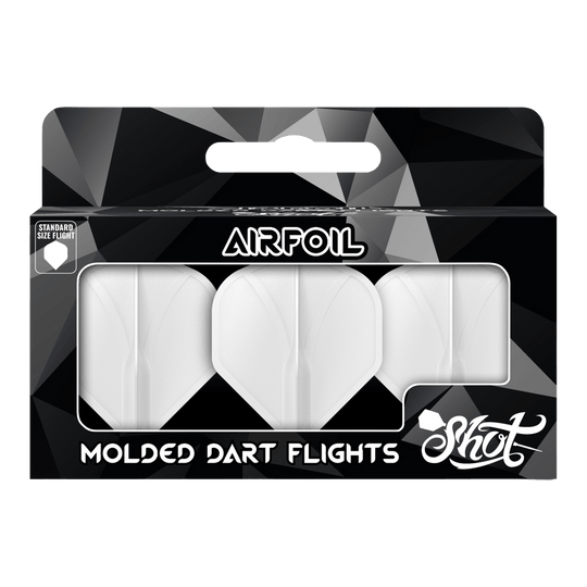 Die Verpackung zeigt drei weiße, geformte Dart-Flights der Marke Shot. Auf der Vorderseite steht „Airfoil – Molded Dart Flights“ in großen Buchstaben.