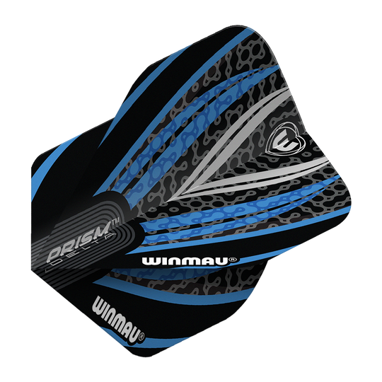 Winmau Prism Delta Black White Blue No. 2 Standard Flights Das Bild zeigt ein Winmau Prism Delta Standard Dartflight in den Farben Schwarz, Weiß und Blau. Das Flight hat ein modernes, grafisches Design mit dem Winmau-Logo und auffälligen Mustern.