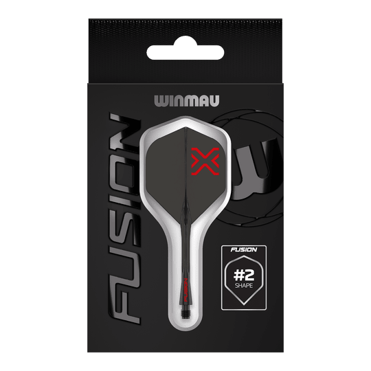 Das Bild zeigt das Winmau Fusion Blade X No2 Standard Flight-Shaft-System in Schwarz. Es verbindet ein Flight mit einem Schaft in elegantem, schwarzem Design.