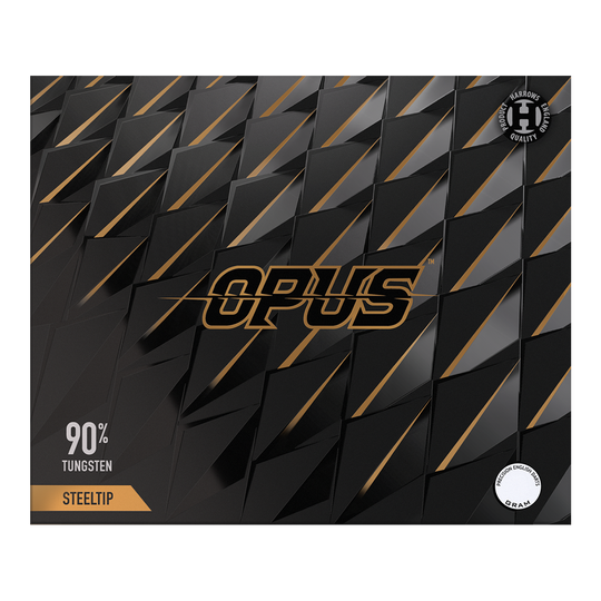 Harrow's Opus Quick Point steel darts Gezeigt wird das Produkt Harrows Opus Quick Point Steeldarts - 23g. Diese Darts sind speziell für Präzisionswürfe entwickelt.