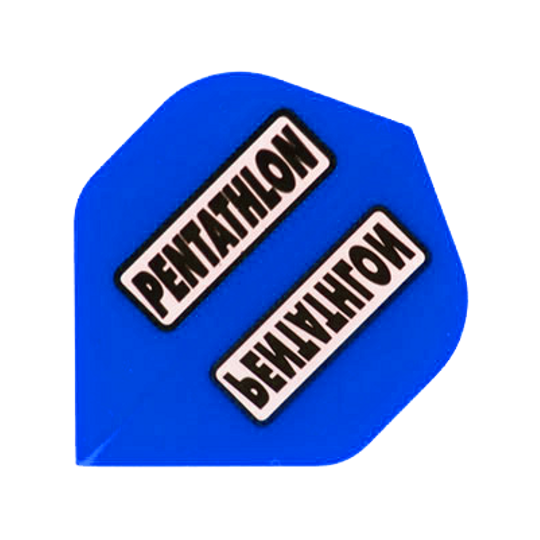 P52_Pentathlon_P52_Blau_Standard_Flights_1 Das Bild zeigt ein blaues Dartflight mit der Aufschrift "Pentathlon". Es handelt sich um das Modell "Pentathlon P52 Blau Standard Flights".