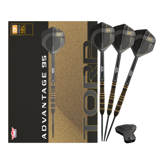 Abgebildet werden Bulls NL Advantage 95 Torp Convertible Point Steeldarts. Das Set umfasst mehrere Darts.